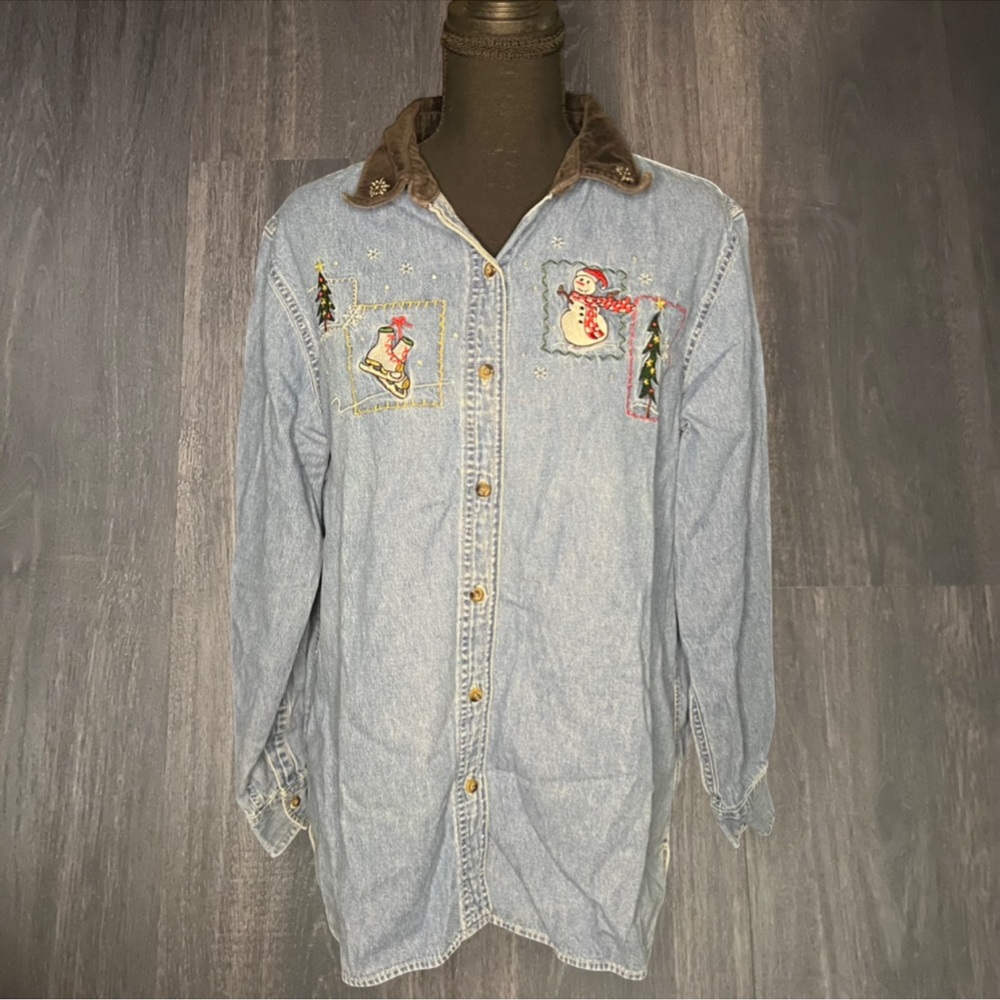 Basic Editions Holiday Embroidered Denim‎ Button-Up